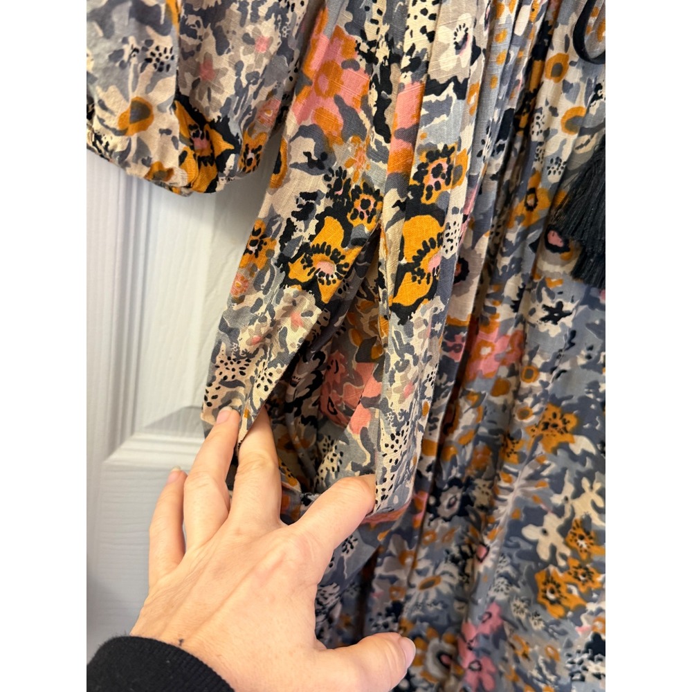 THE GREAT Floral Cotton Tassel Maxi Dress Womens Size 1 Small Boho Pockets Grey - Picture 4 of 7